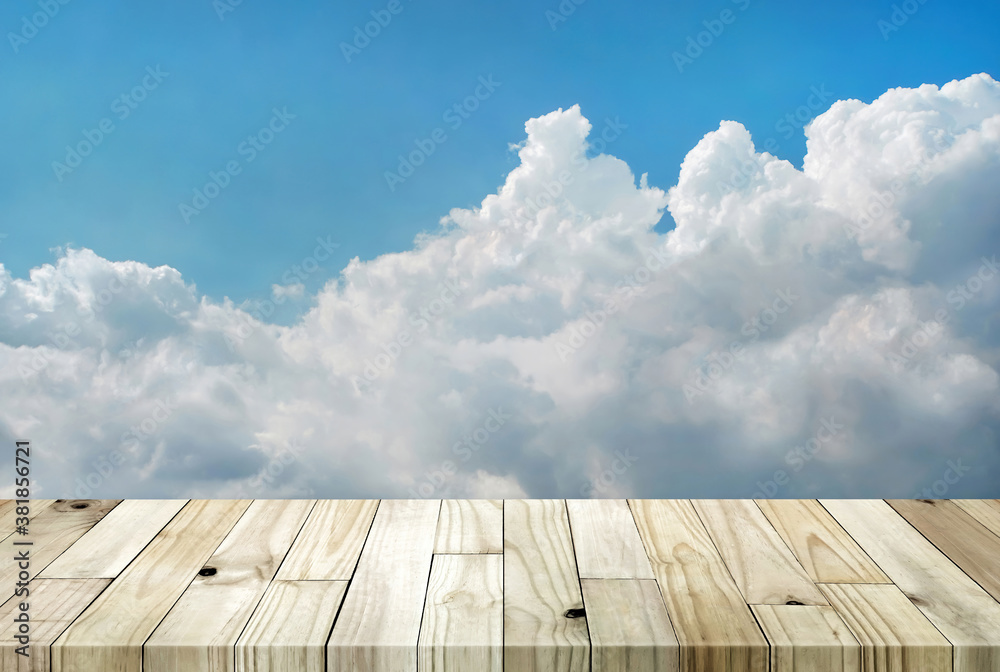 Scenery on the heights, Wood terrace and beautiful sky. perspective sky view, background for product display. 