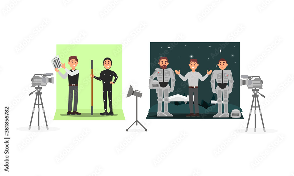 Male Director Filming Movie with Actor Wearing Costume Vector Illustration Set Male Director Filming Movie with Actor Wearing Costume Vector Illustration Set