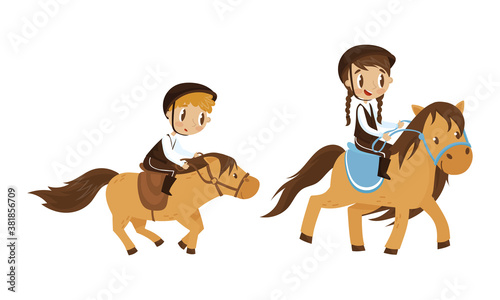 Cute Kid Jockey Riding Horse with Leading Reins Vector Set
