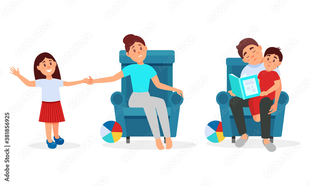 Tired Parents and Energetic Kids Vector Illustration Set Tired Parents and Energetic Kids Vector Illustration Set