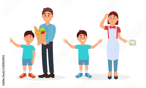 Energetic Kids Bothering Tired Parents Vector Illustration Set