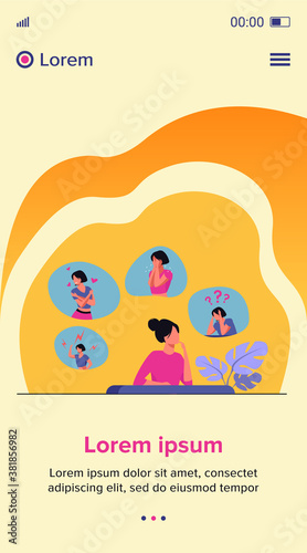 Woman expressing strong various feelings and emotions. Girl suffering from distracted behavior and mood changes. Vector illustration for mental disorder, psychology, stress, crisis concept