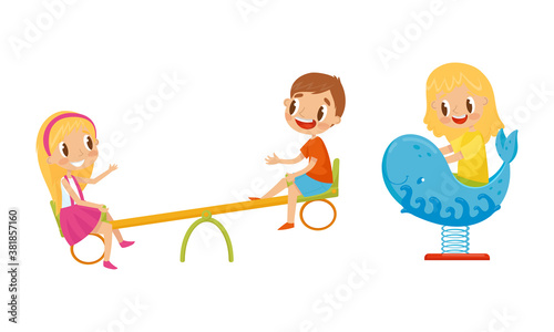 Energetic Boy and Girl Playing at Seesaw in Playground Vector Set