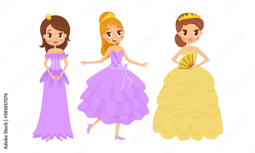 Smiling Princess with Dark Hair Wearing Crown and Dressy Look Garment Vector Illustration Set