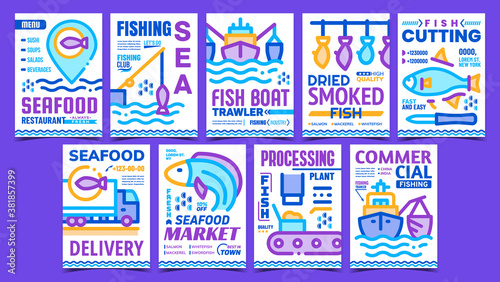 Fishing Industry Advertising Posters Set Vector. Seafood Restaurant And Market, Fish Cutting And Dried Smoked, Sea Food Plant And Delivery Promo Banners. Concept Template Style Color Illustrations