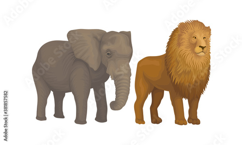 Elephant with Long Trunk and Lion with Mane as African Animal Vector Set