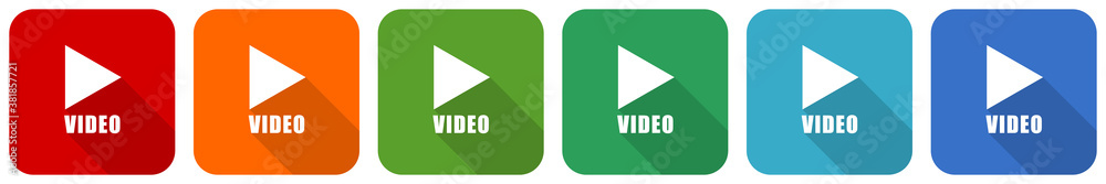 Video icon set, flat design vector illustration in 6 colors options for webdesign and mobile applications Video icon set, flat design vector illustration in 6 colors options for webdesign and mobile applications