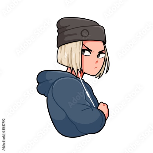 Grumpy modern anime girl with earphones vector illustration in cartoon style. Portrait of sad hipster manga teenager isolated on white. Kawaii female teen posing with angry face expression