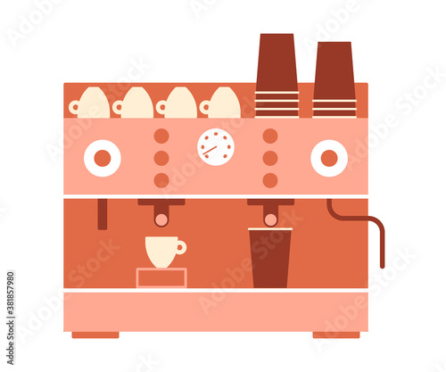 Coffee machine. Professional machine for preparing freshly brewed coffee. Coffee for small cups and paper cups to go. Vector illustration