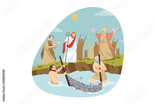 Religion, christianity, bible concept. Jesus christ son of god christian biblical religious character Messiah helping happy excited feshermen catching fish food in lake. Divine miracle and Lord power.