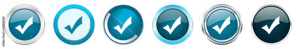 Accept silver metallic chrome border icons in 6 options, set of web blue round buttons isolated on white background Accept silver metallic chrome border icons in 6 options, set of web blue round buttons isolated on white background
