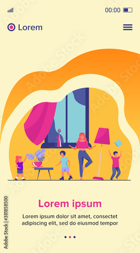 Mother standing calm in the middle of room flat vector illustration. Mischievous and naughty children making chaos. Parenting and behavior concept.