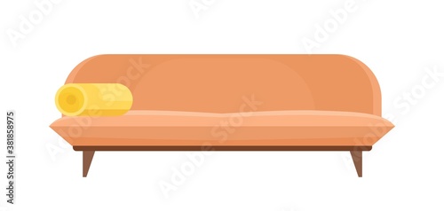 Comfortable modern orange sofa with yellow pillow vector flat illustration. Fabric couch in minimalistic contemporary style isolated on white background. Colorful furniture, divan or settee