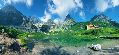 Fototapeta Naklejka Na Ścianę i Meble -  High Tatras and the Zelene Pleso (Green lake) with the Belianske Tatry behind,( Chata pri Zelenom Plese) Slovakia