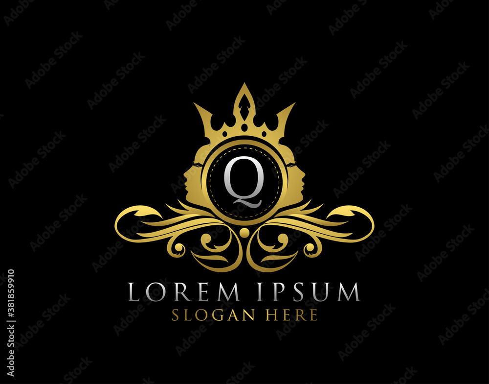 Royal Beauty Logo With Q Letter. Luxury Gold Floral Badge With Beauty Woman Face Shape perfect for salon, spa, cosmetic, Boutique, Jewelry.
