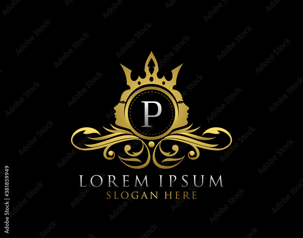 Fototapeta premium Royal Beauty Logo With P Letter. Luxury Gold Floral Badge With Beauty Woman Face Shape perfect for salon, spa, cosmetic, Boutique, Jewelry.