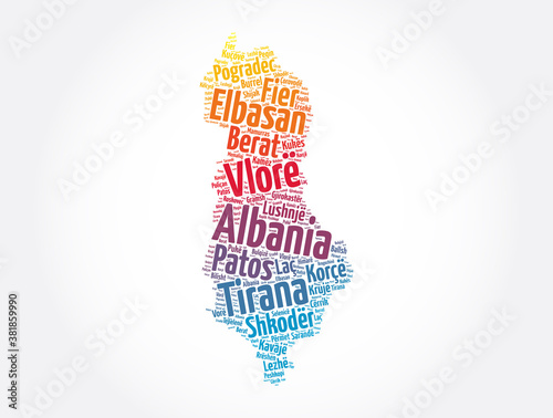 List of cities and towns in Albania, map word cloud collage, business and travel concept background