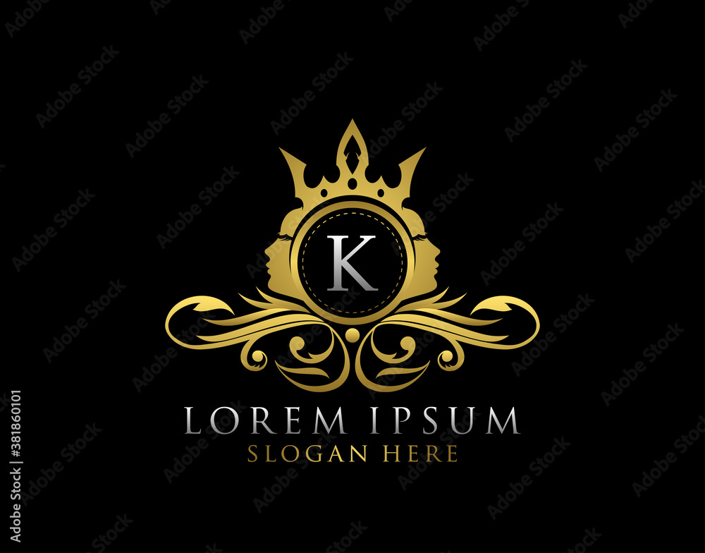 Royal Beauty Logo With K Letter. Luxury Gold Floral Badge With Beauty Woman Face Shape perfect for salon, spa, cosmetic, Boutique, Jewelry.