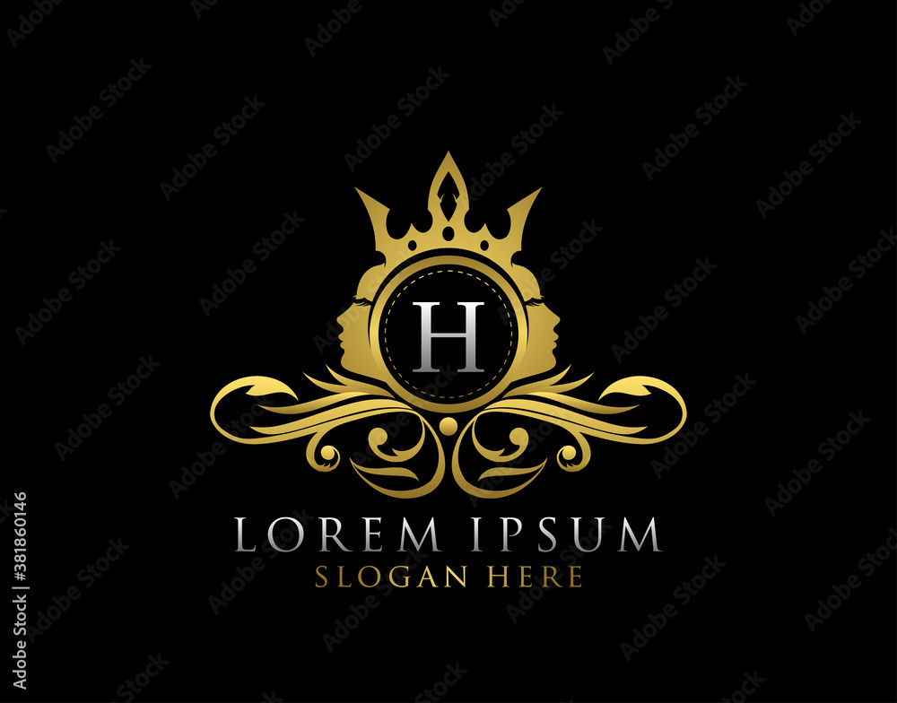 Royal Beauty Logo With H Letter. Luxury Gold Floral Badge With Beauty Woman Face Shape perfect for salon, spa, cosmetic, Boutique, Jewelry.