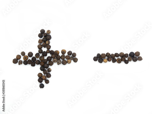Black pepper plus and minus equation. Isolated tasty, math background herb, spice,  peppercorn emoticons for social media banner.