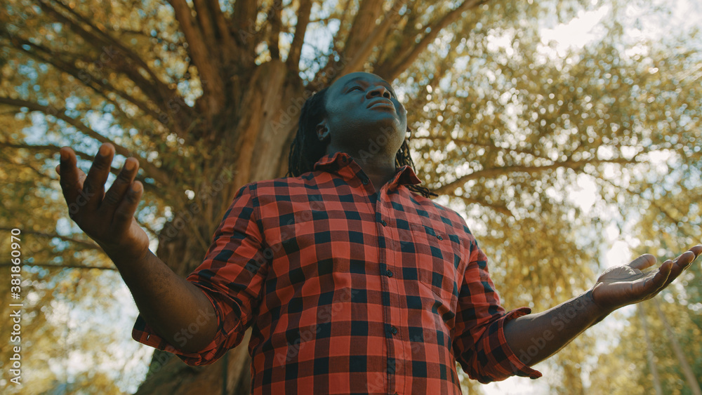 Fototapeta premium African man takes a big breath rises hands and look up a the sky. Sun rays comming through the tree. Hope and prayer concept. High quality photo