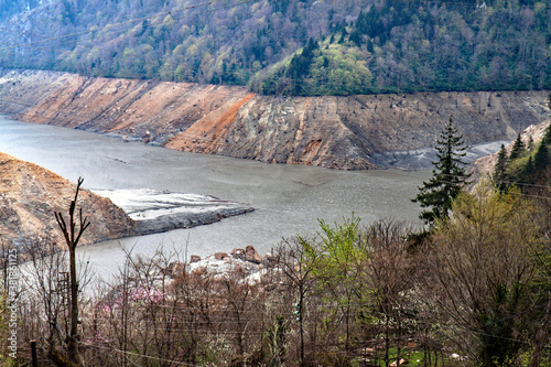 Sediments filling up the Enguri reservoir, Svaneti, Georgia