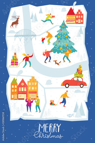 Merry Christmas poster in flat style with city map and people