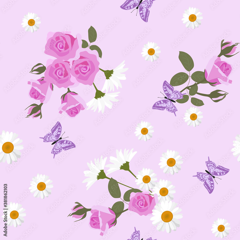Seamless festive vector illustration with roses, daisies and butterflies.