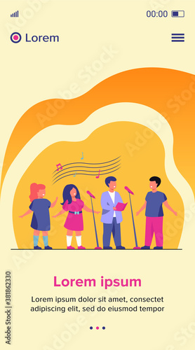 Children choir singing song in church flat vector illustration. Group of kids singing to microphone. Activity, music and entertainment concept.