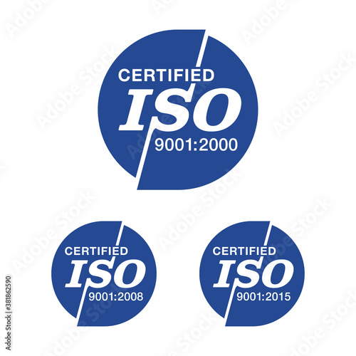 ISO 9001, 14001 and 22000 standards certified stamp collection - quality management system international emblems set - isolated vector sign