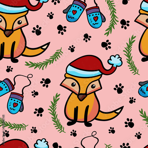 Seamless texture with Christmas Fox and Warm Mittens. Vector endless pattern.