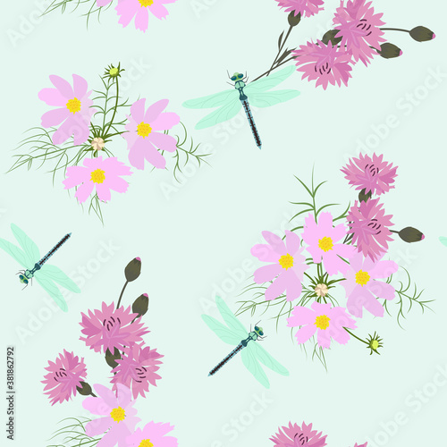 Seamless vector illustration with wildflowers cornflowers, cosmees and dragonflies. photo