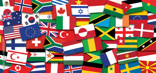 Big flag background made of world country flags icons. International countries flags signs. 