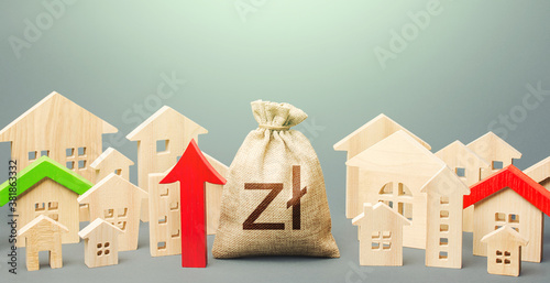 Polish zloty money bag and a city of house figures and red up arrow. Recovery and growth in property prices, high demand. Rent growth. Investments. Increase in revenues to municipal budget.