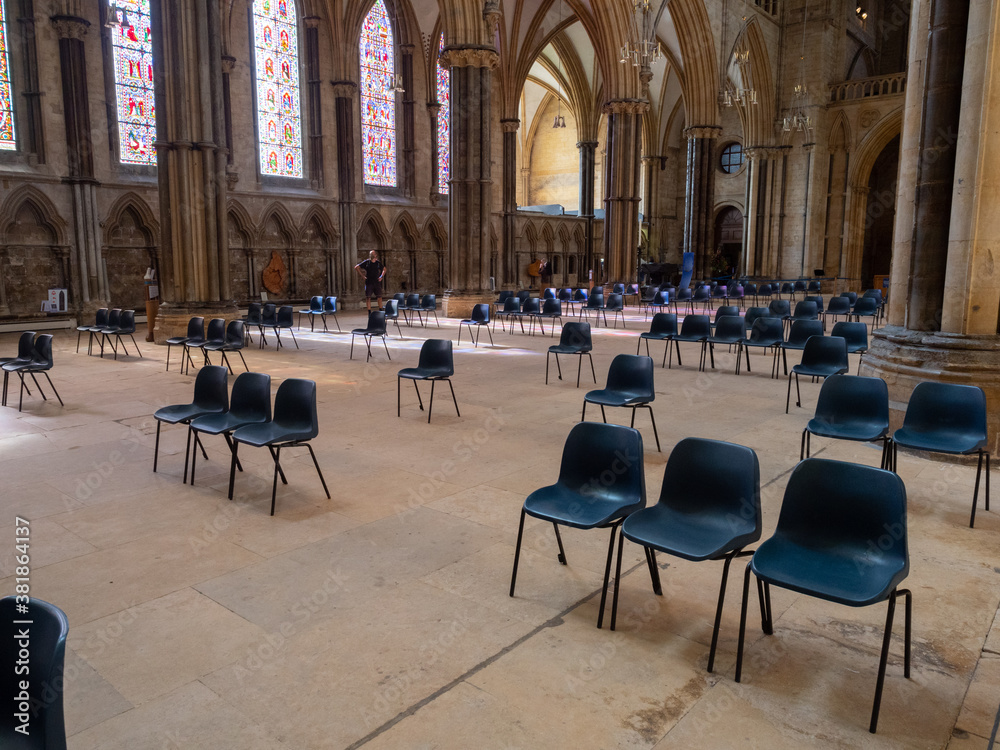 Worshippers chairs in a cathedral have been spaced to avoid possible transmission of coronavirus. Covid 19