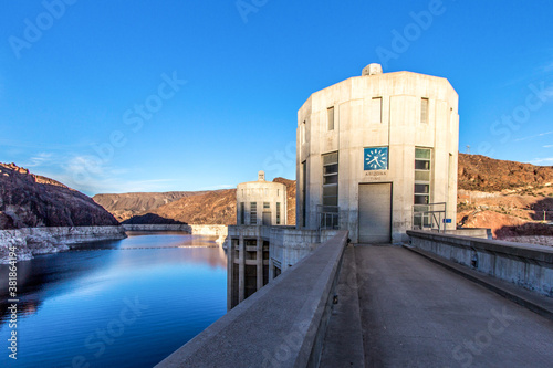 Arizona Time. Large clock displays Arizona time at the Hoover Dam on the Nevada and Arizona state border.