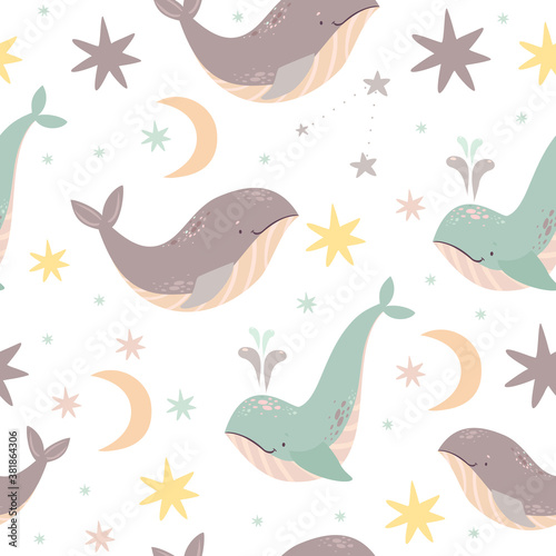 cute pattern in pastel colors  blue whale in the stars  background for kids  depth of the sea  space motives