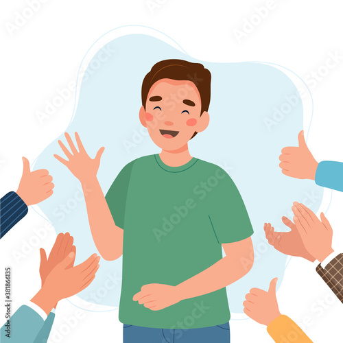 Happy young man surrounded by hands with thumbs up and applauding. Success and social approval and acceptance concept