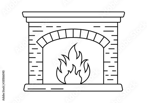 Fireplace outline icon with burning flame. Vector illustration.