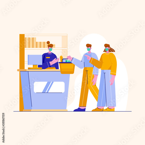 illustration of people at the supermarket wearing medical masks. People shopping at stores.