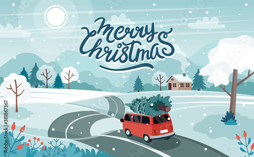 Car with christmas tree on the road. Cute winter landscape. Vector illustration in flat style
