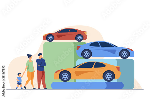 Family choosing new car in automobile store. Vehicle, kid, auto flat vector illustration. Shopping and transportation concept for banner, website design or landing web page