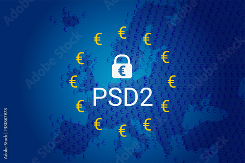 PSD2 - Payment services directive. Vector EU flag and map