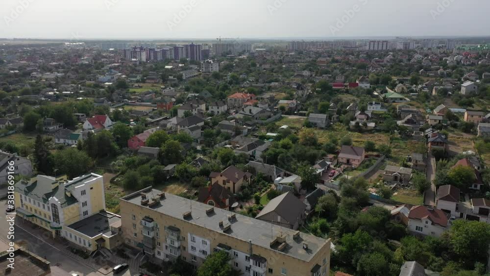 Petropavlovskaya Borschagovka, Kiev region, Ukraine - September 2020: Aerial view of cottages and apartment buildings. Private sector near the city. Petropavlovskaya Borschagovka, Kiev region, Ukraine - September 2020: Aerial view of cottages and apartment buildings. Private sector near the city.
