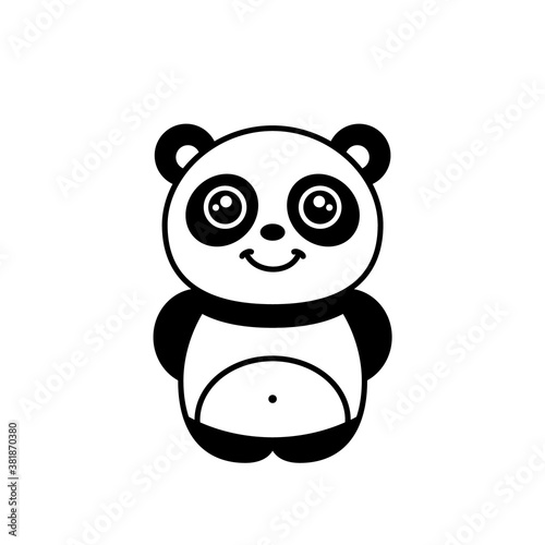 Cute little panda smiling. Kawaii baby panda bear. Kids drawing. Funny cartoon panda standing. Wildlife endangered animal. The giant panda doodle. Black outline. Vector illustration, flat, clip art.