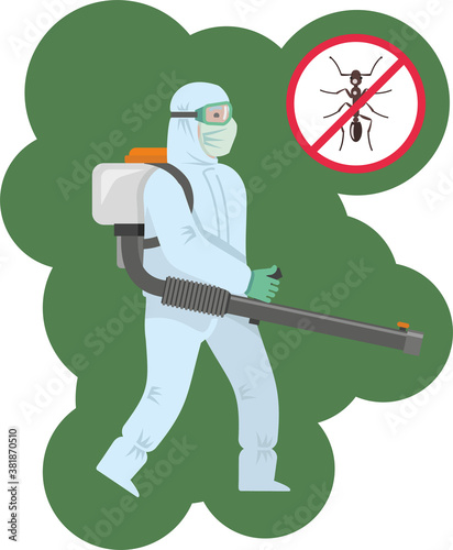 The disinfector carries out treatment against ants. A brown wild ant with a red circle crossed out. Pest Control Sign: No Ants, Stop Ants. Flat infographics. Vector illustration..