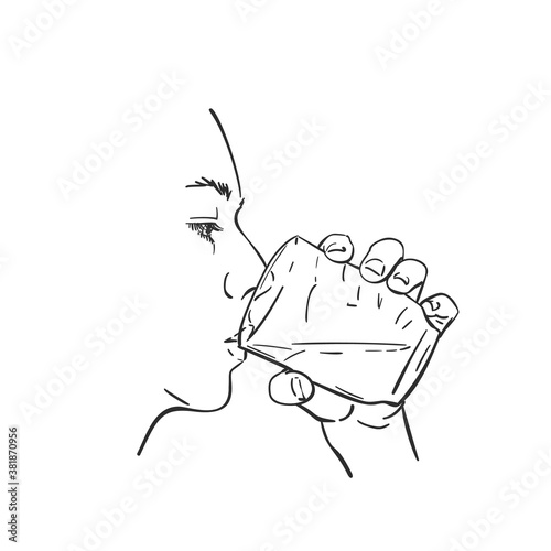 Drawing of young woman drinking clear water. Caucasian female face, holding transparent glass in her hand. Vector sketch Hand drawn minimalist illustration isolated