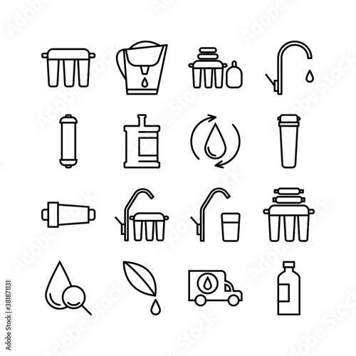Simple set of icons related to water filtration. Reverse osmosis filter, cartridge, bottle, delivery by car, clean filtered water, water pipe and others. Vector