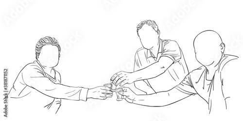 Friends having alcohol drink together clinking shot glasses and toasting, Drawing of people with no face. Vector sketch Hand drawn illustration isolated black and white