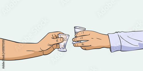 Two hands clinking shot glasses with alcohol vodka drink, Vector illustration isolated